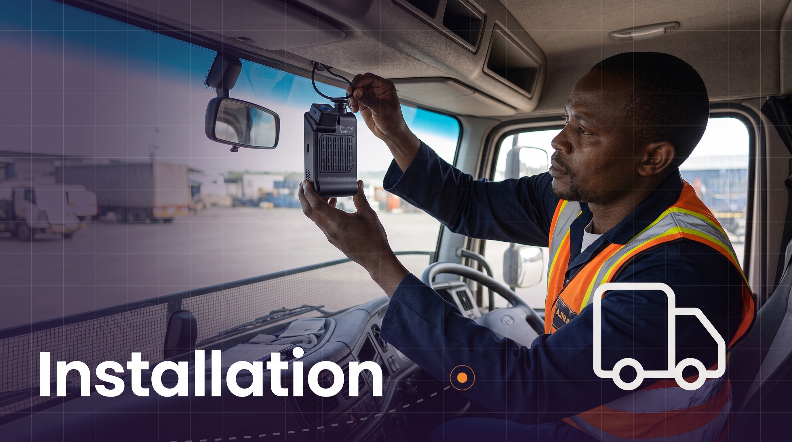 Ajira technician installing a National AI Dash Camera in a lorry cab